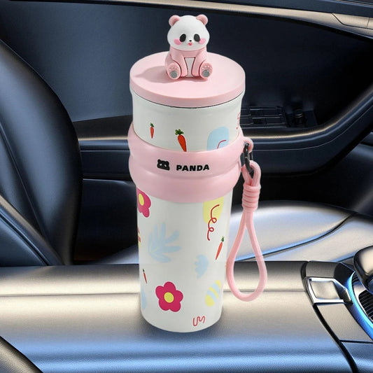 Panda Water Bottle (700ML)| Leakproof Cute Cherry Design, Portable & Reusable Water Bottle for School, Travel, and Office (PINK)