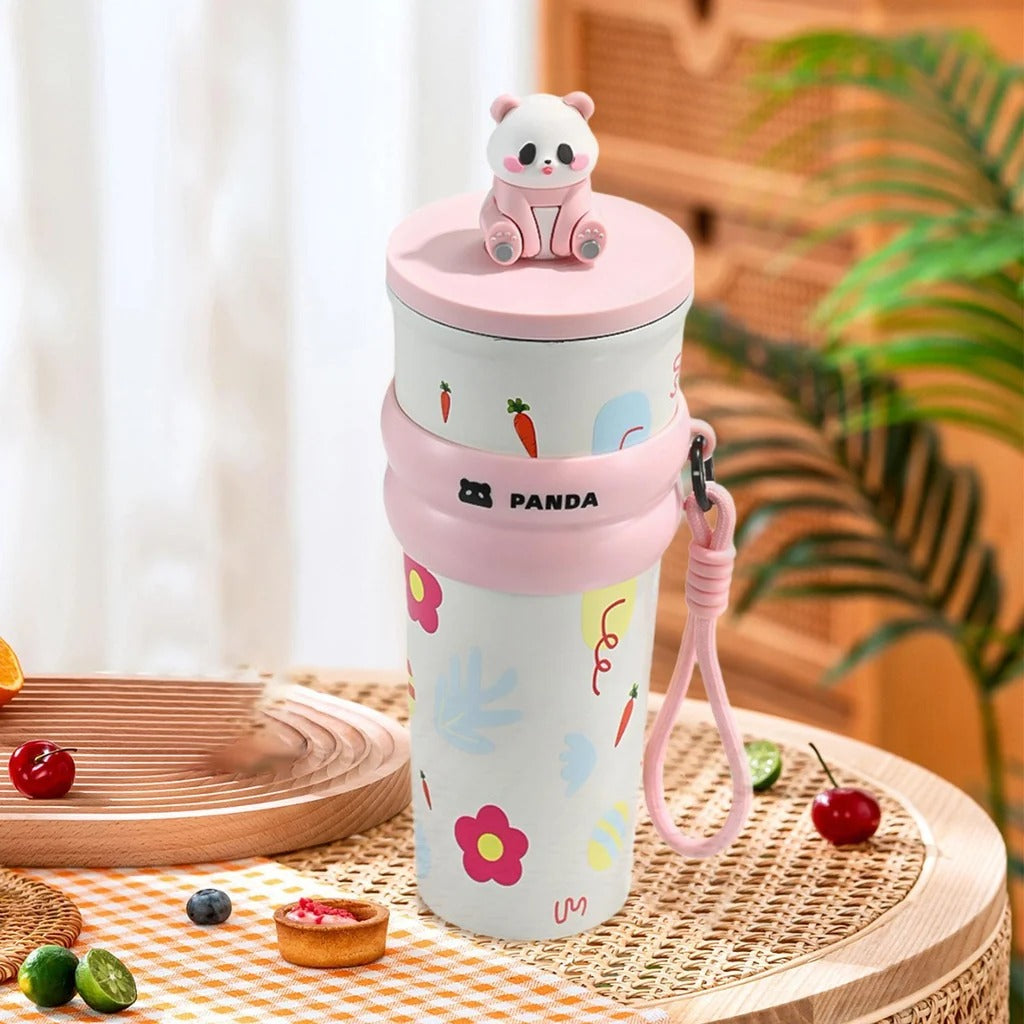 Panda Water Bottle (700ML)| Leakproof Cute Cherry Design, Portable & Reusable Water Bottle for School, Travel, and Office (PINK)
