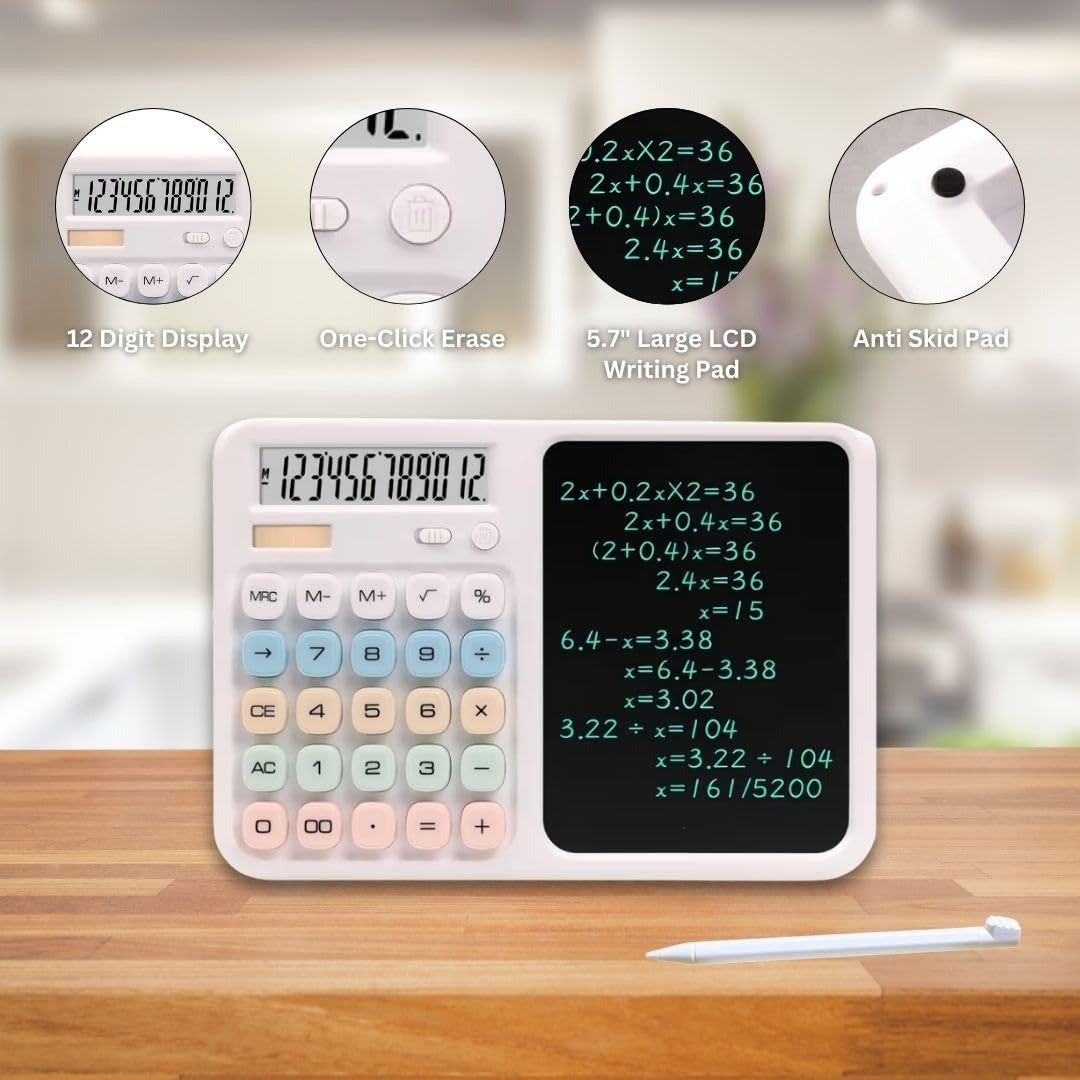 TINYSHINY 2-in-1 Calculator with LCD Writing Tablet | 12-Digit Desktop Calculator & 7-Inch Reusable Writing Pad | Large Display, One-Click Clear, Anti-Erase Lock, Portable for Students, Office & Business