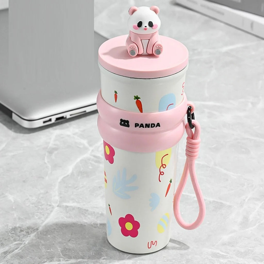 Panda Water Bottle (700ML)| Leakproof Cute Cherry Design, Portable & Reusable Water Bottle for School, Travel, and Office (PINK)