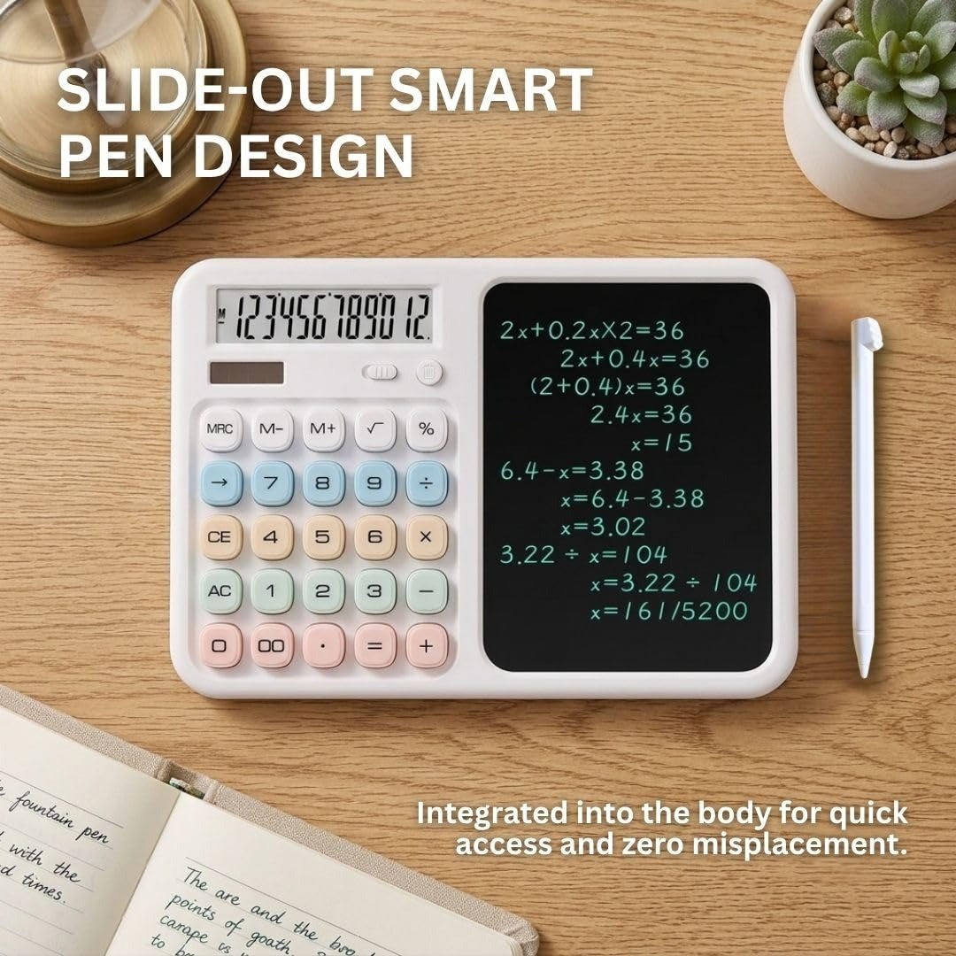 TINYSHINY 2-in-1 Calculator with LCD Writing Tablet | 12-Digit Desktop Calculator & 7-Inch Reusable Writing Pad | Large Display, One-Click Clear, Anti-Erase Lock, Portable for Students, Office & Business