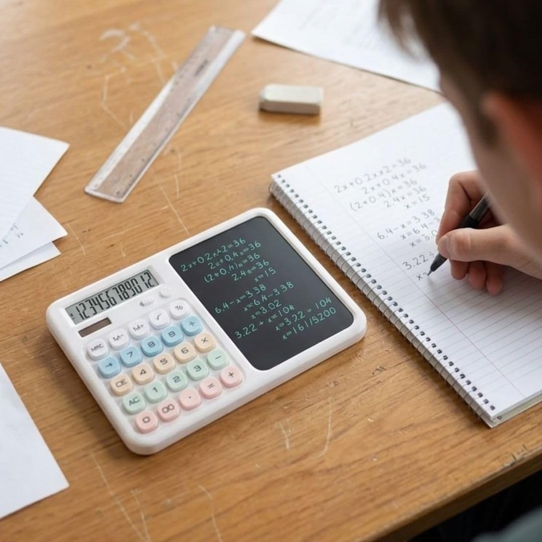 TINYSHINY 2-in-1 Calculator with LCD Writing Tablet | 12-Digit Desktop Calculator & 7-Inch Reusable Writing Pad | Large Display, One-Click Clear, Anti-Erase Lock, Portable for Students, Office & Business