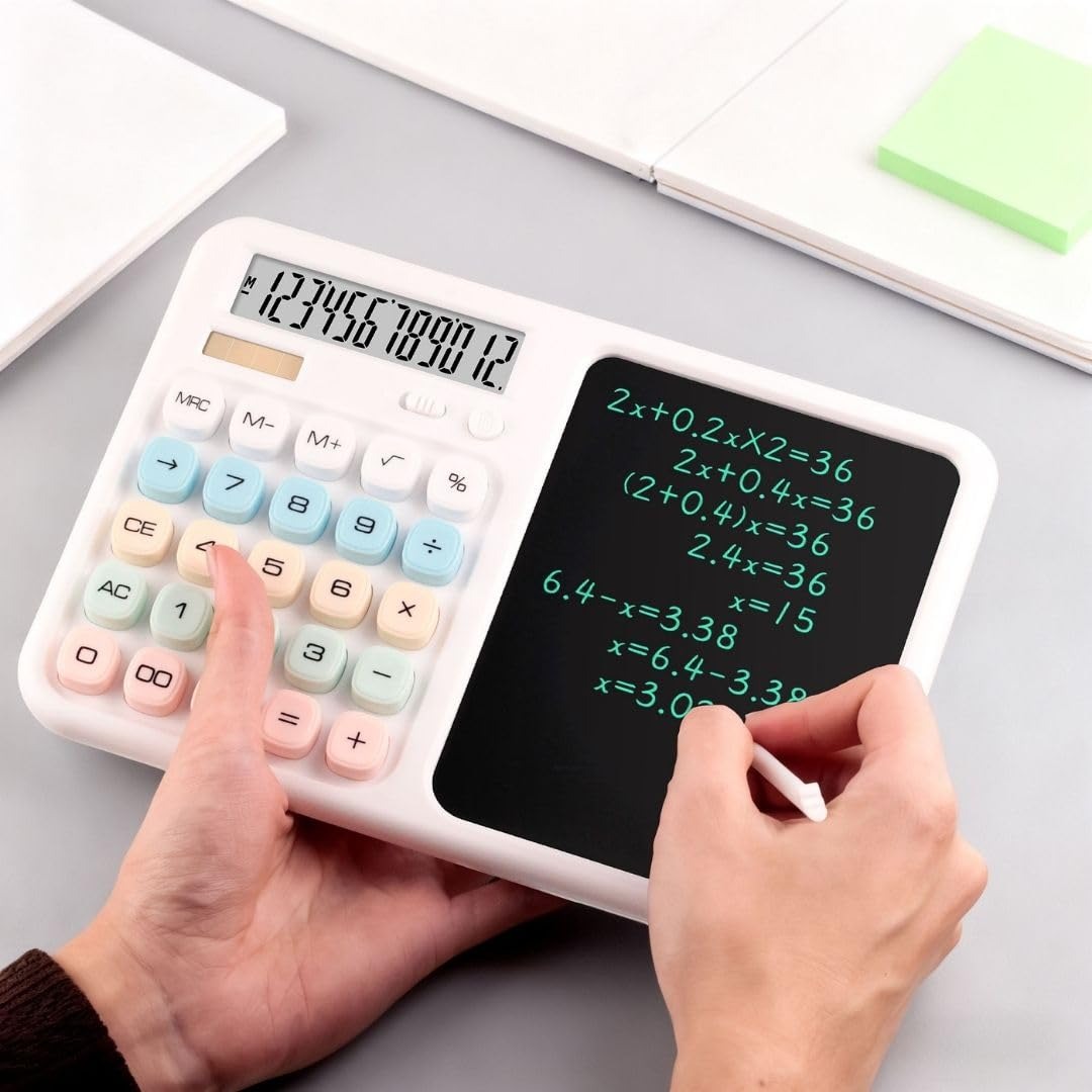 TINYSHINY 2-in-1 Calculator with LCD Writing Tablet | 12-Digit Desktop Calculator & 7-Inch Reusable Writing Pad | Large Display, One-Click Clear, Anti-Erase Lock, Portable for Students, Office & Business