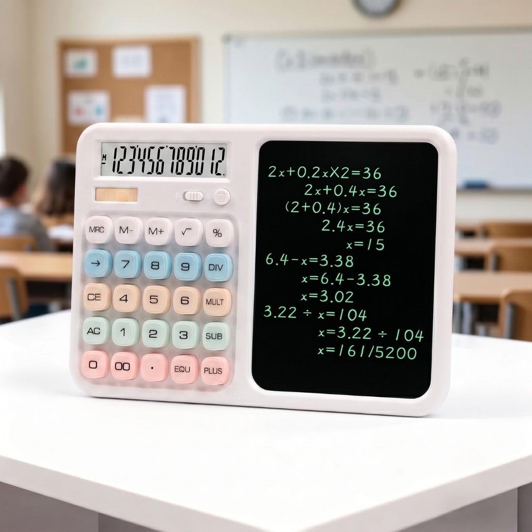 TINYSHINY 2-in-1 Calculator with LCD Writing Tablet | 12-Digit Desktop Calculator & 7-Inch Reusable Writing Pad | Large Display, One-Click Clear, Anti-Erase Lock, Portable for Students, Office & Business