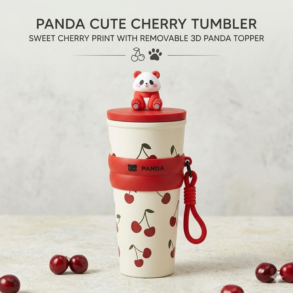 Panda Water Bottle (700ML)| Leakproof Cute Cherry Design, Portable & Reusable Water Bottle for School, Travel, and Office (CHERRY)