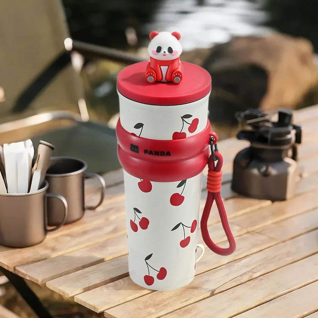 Panda Water Bottle (700ML)| Leakproof Cute Cherry Design, Portable & Reusable Water Bottle for School, Travel, and Office (CHERRY)