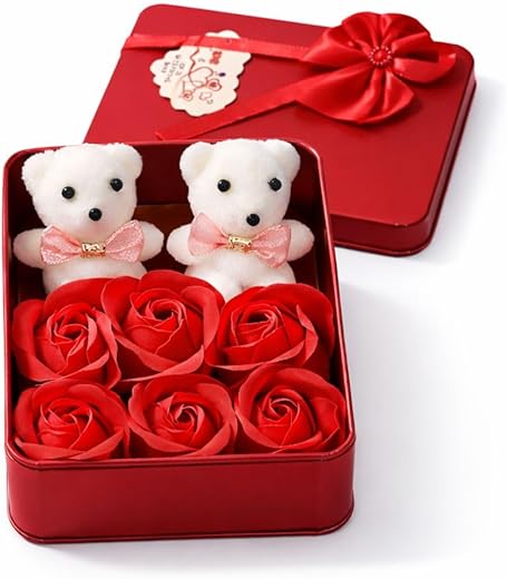 Premium Valentine Red Square Shape Box with 6 Red Roses, 2 Teddy- Valentine Gift for Girlfriend/Boyfriend/Wife/Husband