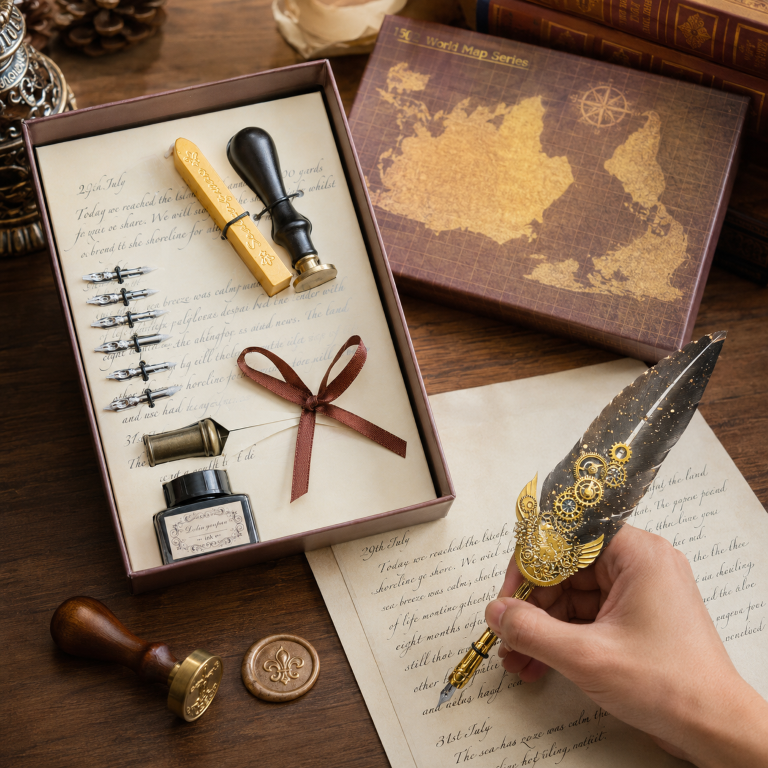 Harri Pott-er Style Feather Quill Pen Calligraphy Writing Set with Ink Bottle & Metal Nibs