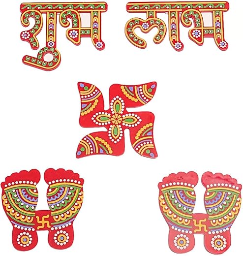 shubh labh for Door Entrance with laxmi feet(charan),satiya/Swastik Stickers for Diwali Decorations,Temple Decor,Puja Room Pack of 5
