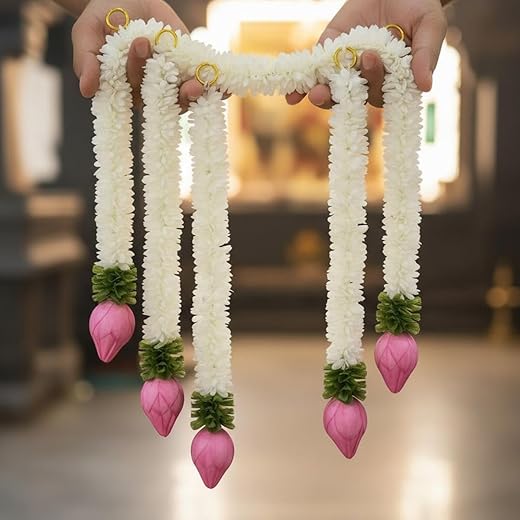 Tiny Shiny Artificial Flowers Hanging Garlands 5pcs Lotus Mogra Flower Strings for Home Decor, Mandir, Wedding, Office, Wall & Door Decoration, Festive & Event Backdrop Décor Item