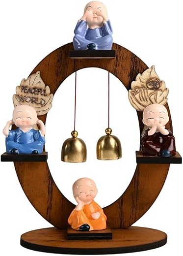 Tiny Shiny Buddha Monk Figurine with Bells, 9 cm Decorative Showpiece, Resin Material, Peach Ivory