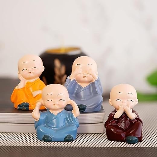 Tiny Shiny Colorful 4 Monks Buddha Monk Statues for Home Decor and Gifts | Cute Meditating Monk Statues Figurines | Showpiece Cute Mini Idol for Car Dashboard Table Top...
