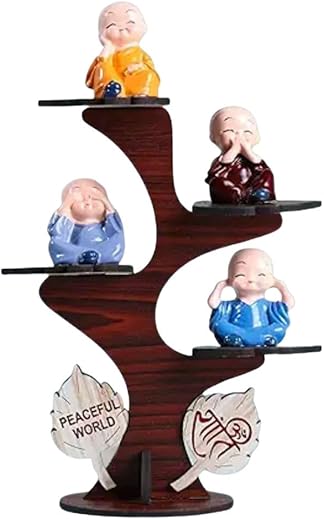Tiny Shiny Decorative Set of 4 Adorable Buddha Monk Figurines with Wooden Stand | Peaceful Home & Office Decor | Ideal for Living Room, Meditation Space, and Special Occasions