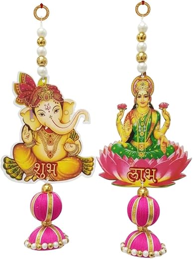 Tiny Shiny Laxmi Ganesh Subh labh for Wall Hanging Door Latkan Toran with Bells Shubh labh for Home Decor Door Entrance Pooja Room Temple Diwali Decoration Item for Home