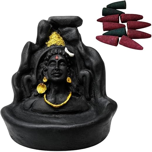Tiny Shiny Lord Shiva Adiyogi Statue with Smoke Fountain Waterfall Incense Holder – Includes 10 Free Backflow Incense Cones for Living Room Décor & Perfect Gifting