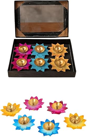 Tiny shiny Lotus Tealight Candle Holders, Set of 6, Metal Diya, 9 cm x 2 cm, Gold and Pink, for Diwali, Home Decor