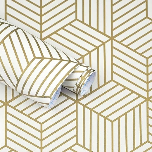 White and Gold Geometric Lines Removable Wallpaper | Modern PVC Vinyl Peel & Stick Wall Covering | Waterproof, Self-Adhesive Wall Décor for Bedroom, Living Room & Office
